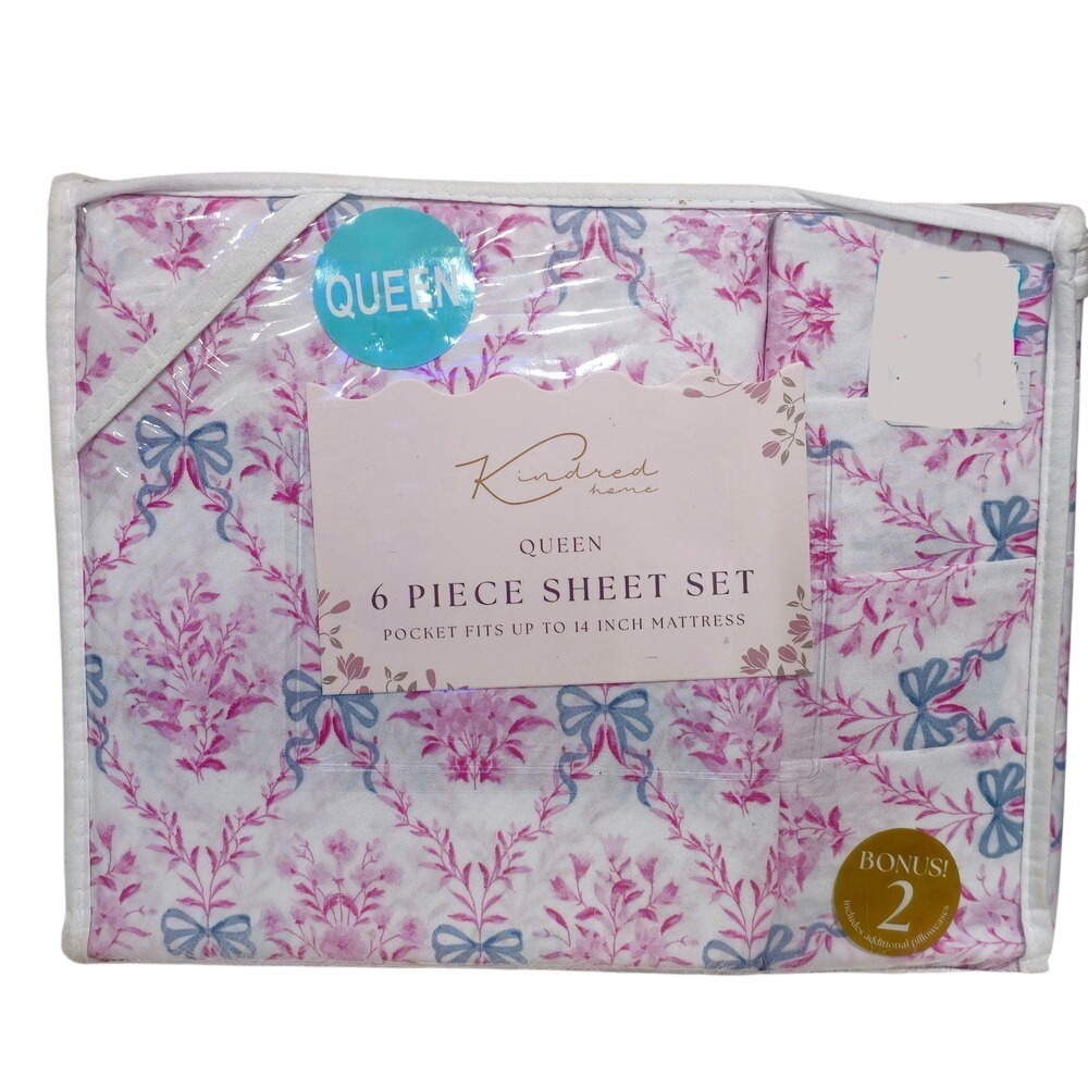 Kindred Home Queen 6 Piece Sheet Set Floral Pink Blue Bows NWT
